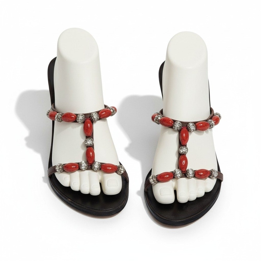 Pelle Moda Wedge Sandals 7M Brown Leather Red Coral Beaded Crystal T-Strap Slide